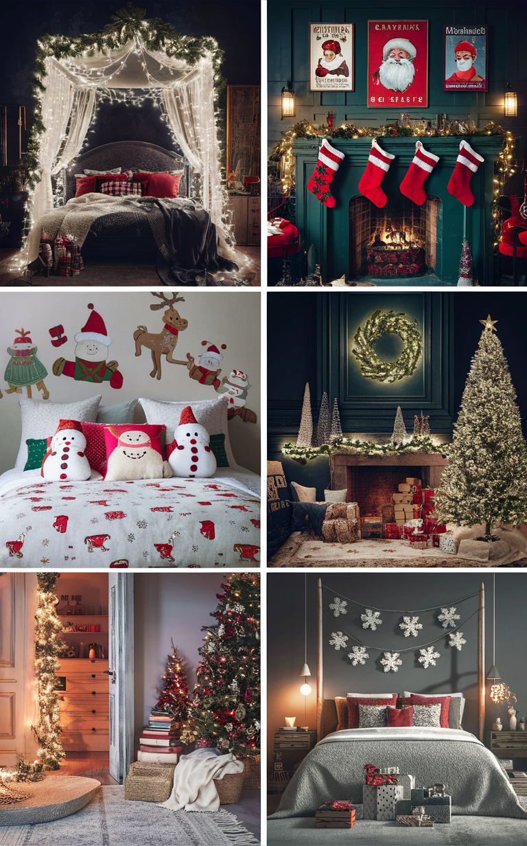 Christmas bedroom decor, holiday bedroom ideas, festive bedroom design, cozy Christmas room, Winter bedroom decorations