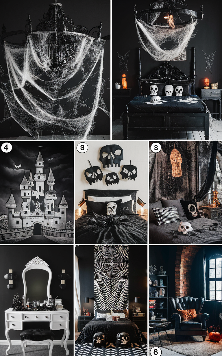 black and white bedroom decor, trendy Halloween bedroom, spooky bedroom ideas, modern Halloween decor, monochrome bedroom design