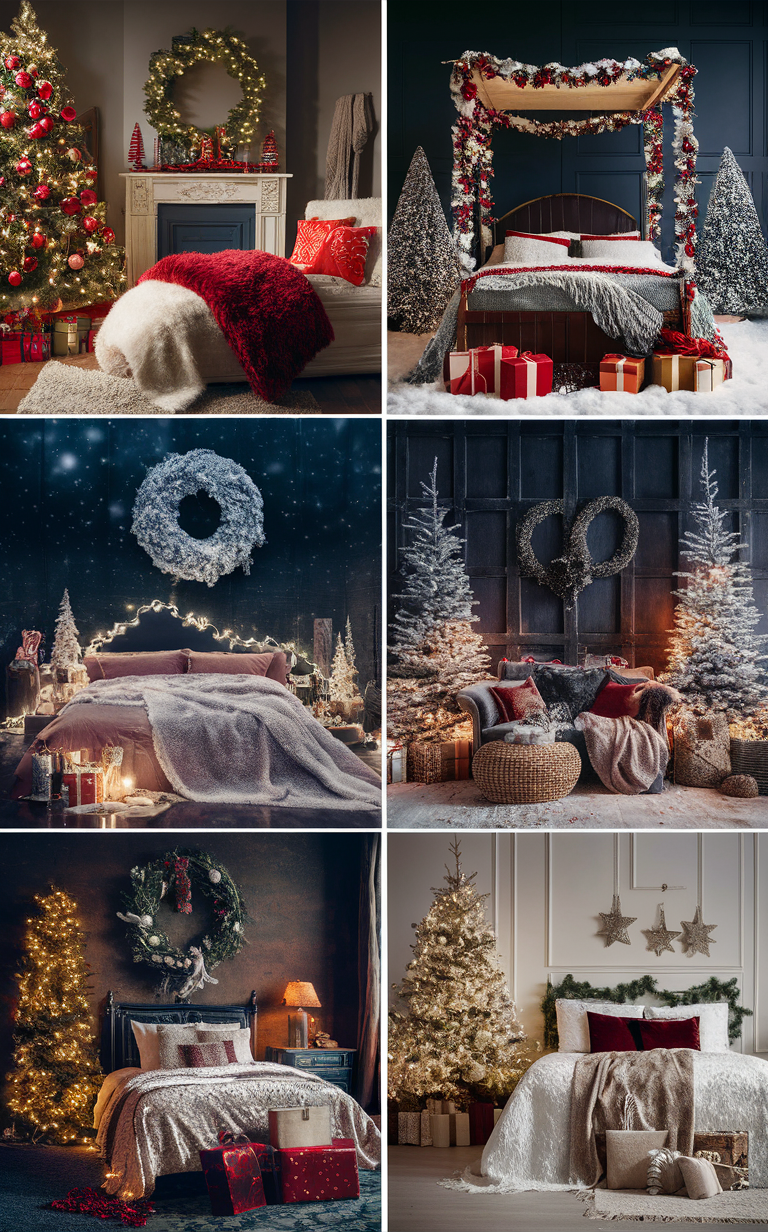 Christmas bedroom decor, Festive bedroom ideas, Holiday room decorations, Winter bedroom themes, Seasonal bedding styles