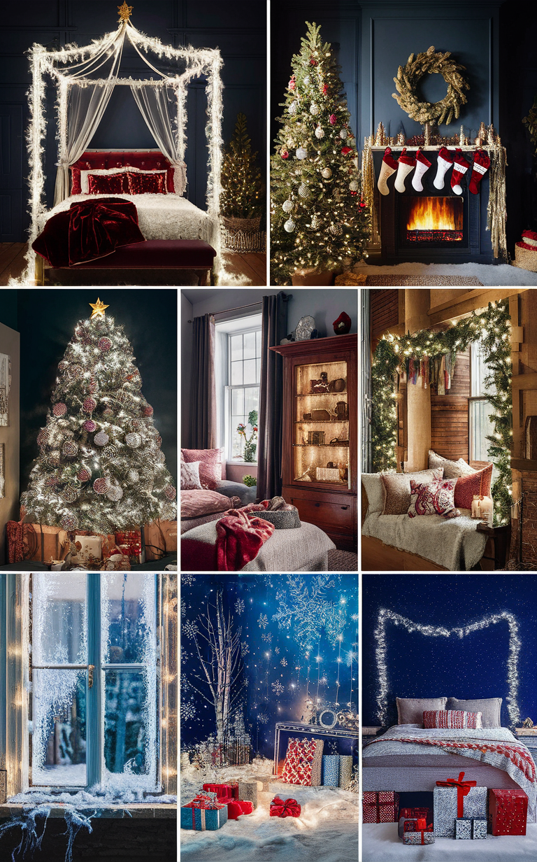 Christmas bedroom decoration, Holiday room design, Festive bedroom setup, Xmas bedding ideas, Seasonal bedroom ornaments