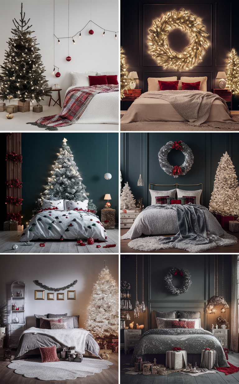 modern Christmas bedroom decor, Christmas bedding, holiday bedroom decorations, festive bedroom ideas, elegant Christmas bedroom