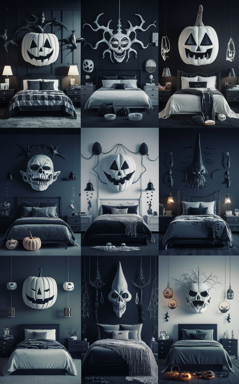 Black and White Halloween Decor Ideas, Elegant Halloween Bedroom Decor, Chic Halloween Design, Monochrome Halloween Theme, Stylish Halloween Bedroom