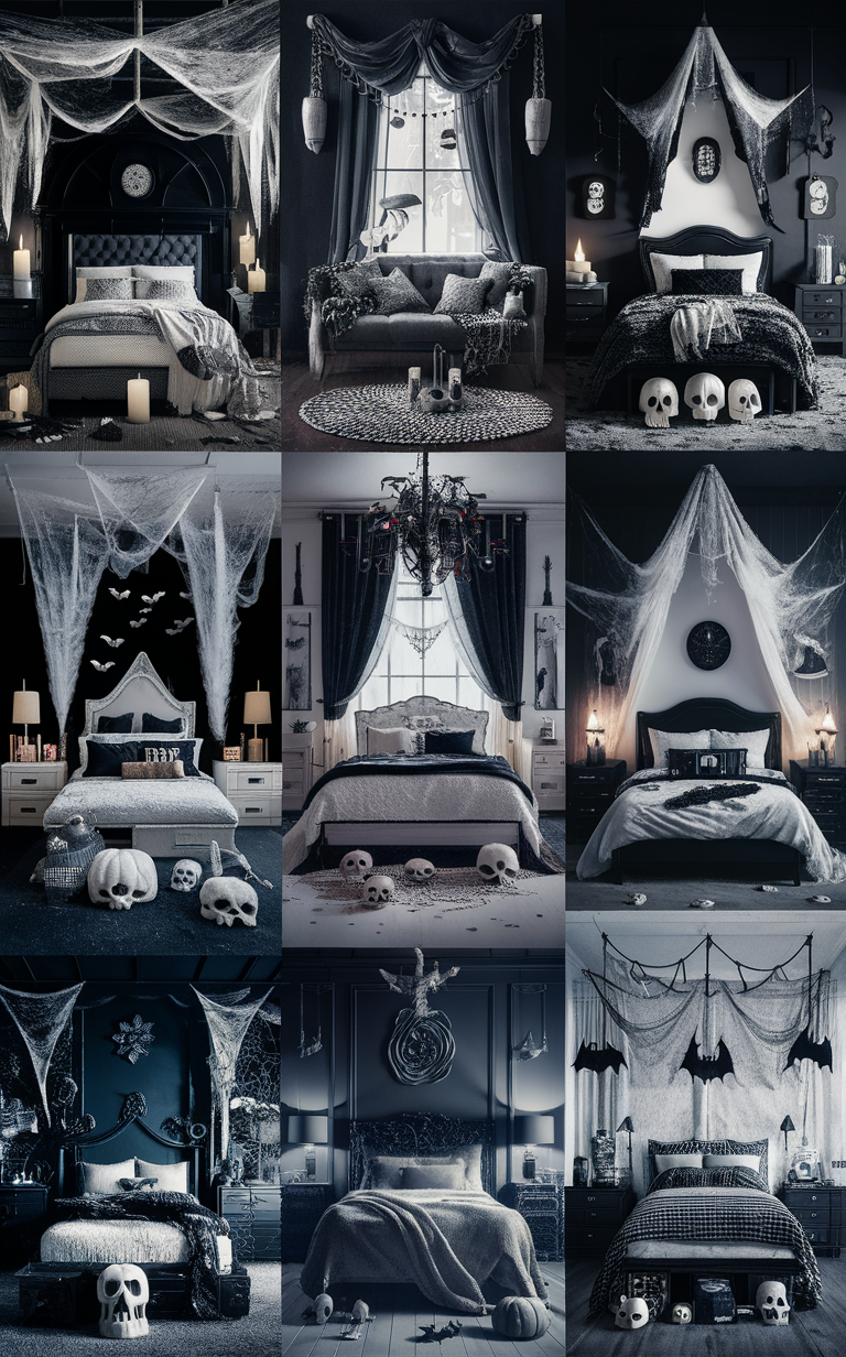 black and white bedroom decor, haunted bedroom ideas, Halloween bedroom decorations, spooky bedroom design, ghostly bedroom theme