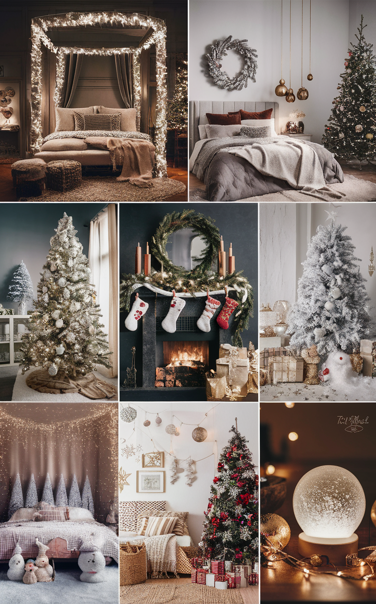 Christmas bedroom decor, holiday bedroom decorations, festive bedroom ideas, Christmas bedding, winter bedroom decor