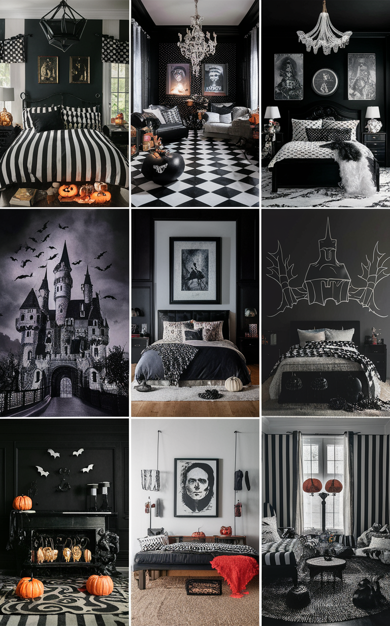 Halloween bedding, black and white bedroom decor, spooky home accessories, monochrome Halloween theme, eerie bedroom design