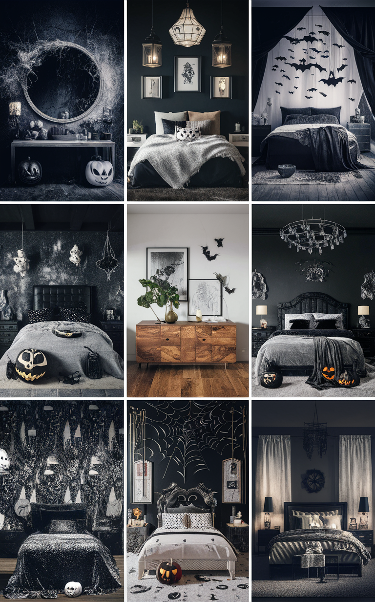 trendy Halloween decor, spooky bedroom ideas, monochrome Halloween theme, modern Halloween decorations, chic black and white Halloween