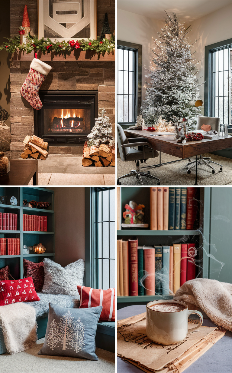 Cozy office decor, Winter workspace ideas, Office winter vibes, Warm office decorations, Cozy work environment