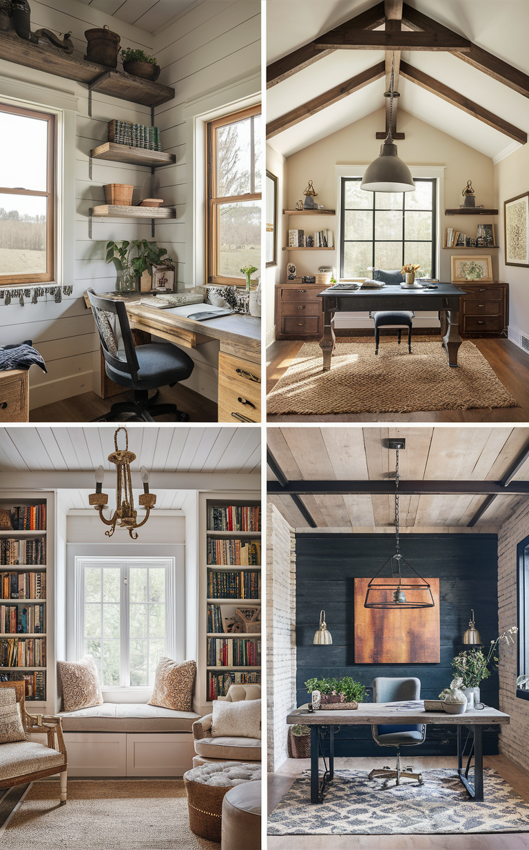 Home office design, Farmhouse decor, Interior decoration, Rustic office space, Cozy workspace