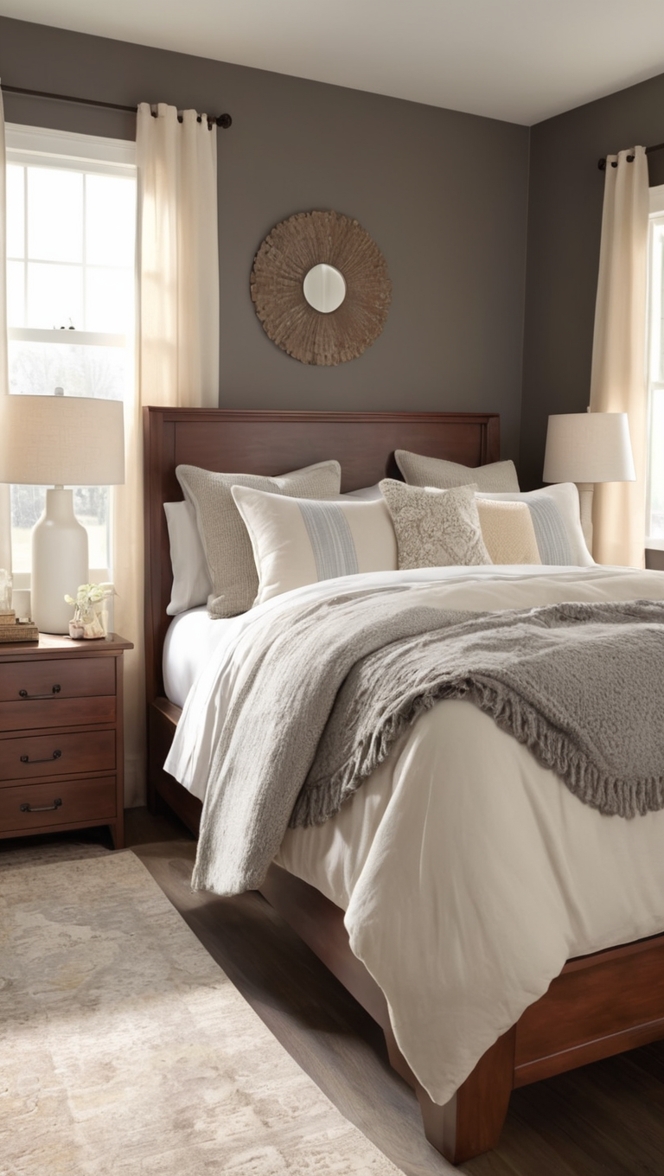 dark wood bed frame, dark wood bedside table, dark wood dresser, dark wood wardrobe, dark wood nightstand