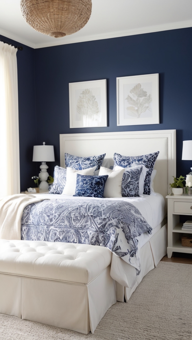 navy blue bedding, white duvet cover, navy wall paint, white area rug, navy blue curtains