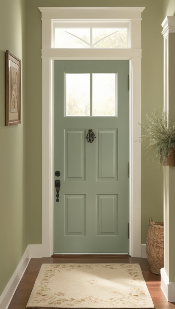 Sage Green paint, Entrance decor, Front door paint, Exterior home color, Entryway design