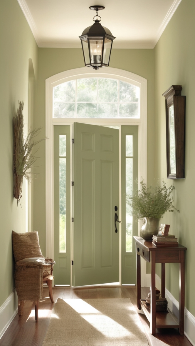 Sage Green paint, Entrance decor, Front door paint, Exterior home color, Entryway design