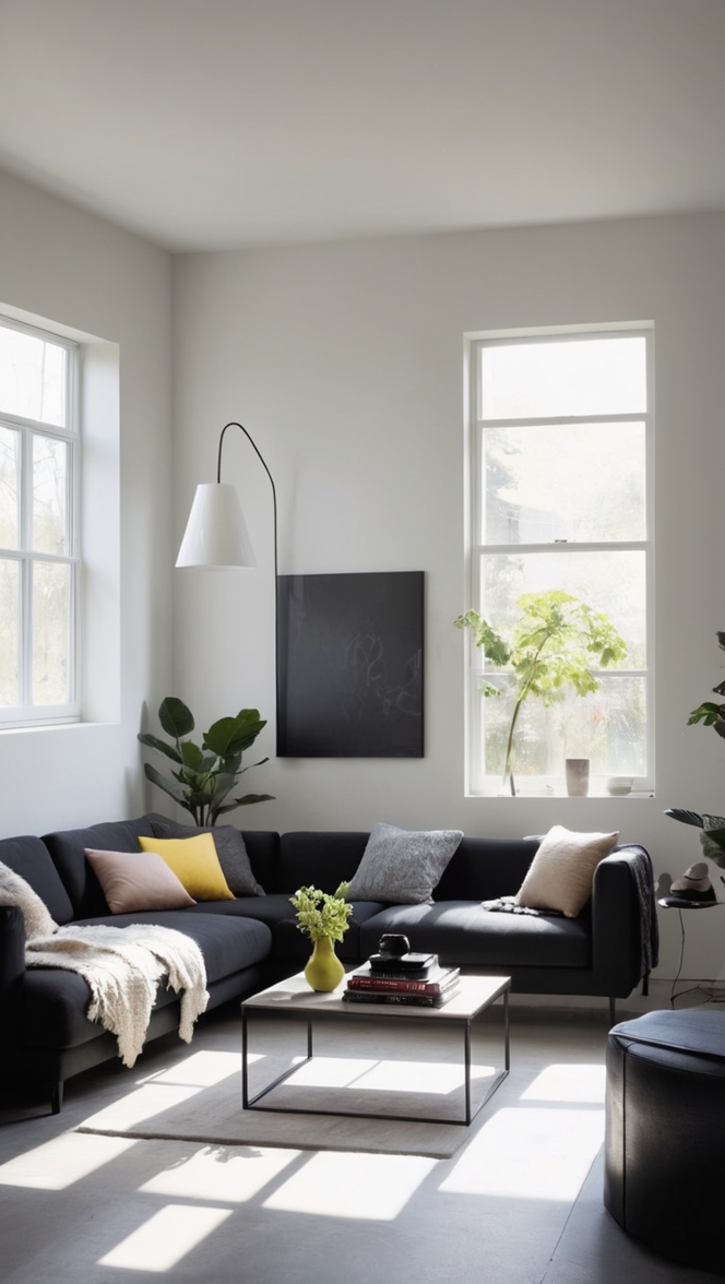minimalist living room design, black living room decor, minimalistic home furniture, modern black interior, sleek minimalist living