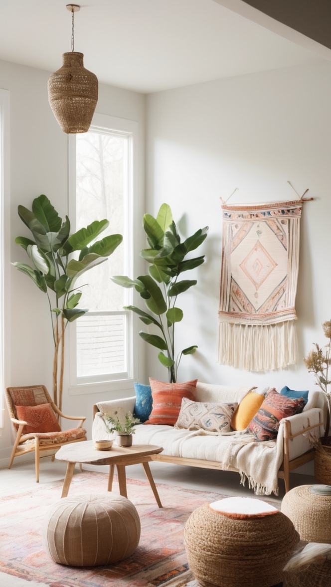 bohemian decor, modern boho style, ethnic rugs, minimalist furniture, tribal textiles