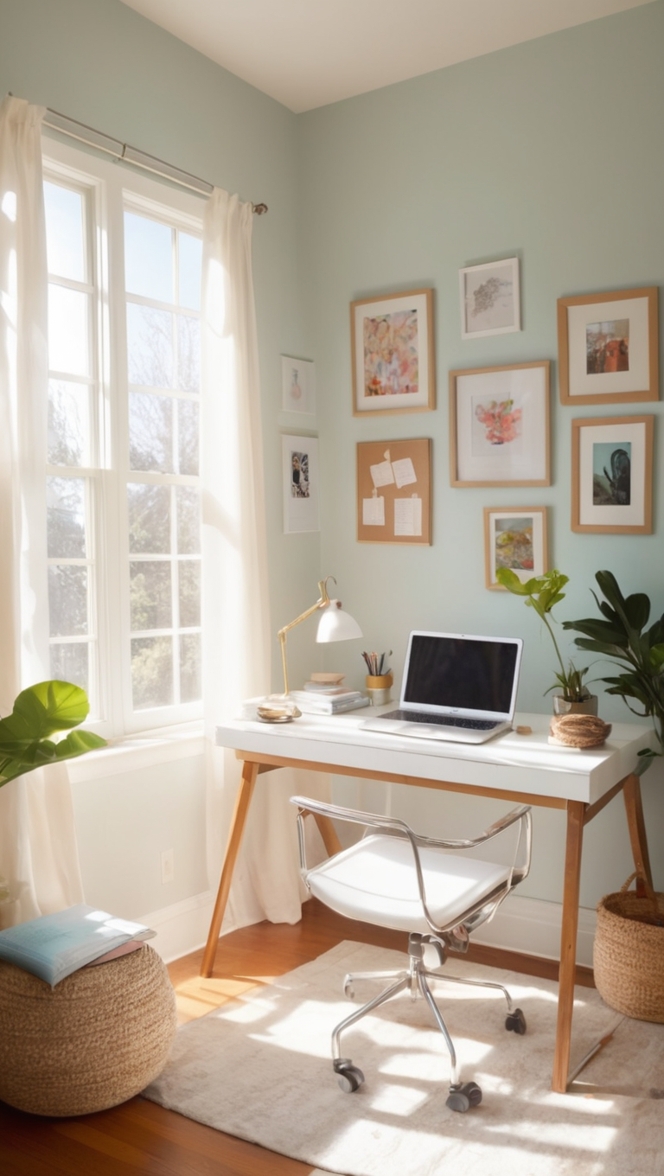 cozy office decor, home office furniture, stylish office supplies, workspace organization, comfortable desk chair