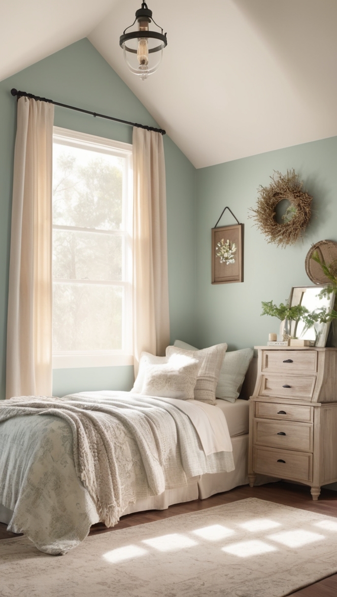 farmhouse bedroom decor, country chic bedroom, rustic farmhouse bedding, vintage farmhouse furniture, cozy farmhouse ambiance