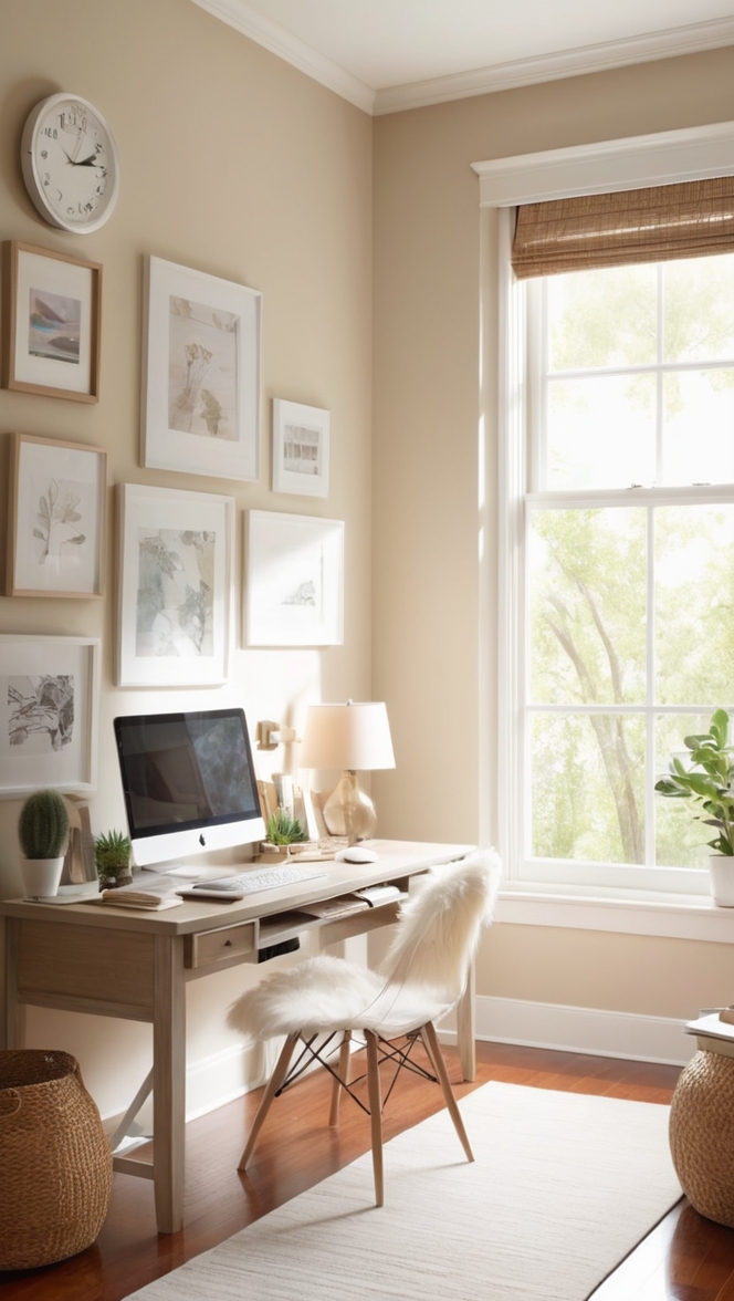 cozy home office,, neutral tones office,, stylish home workspace,, modern work from home setup,, comfortable office decor