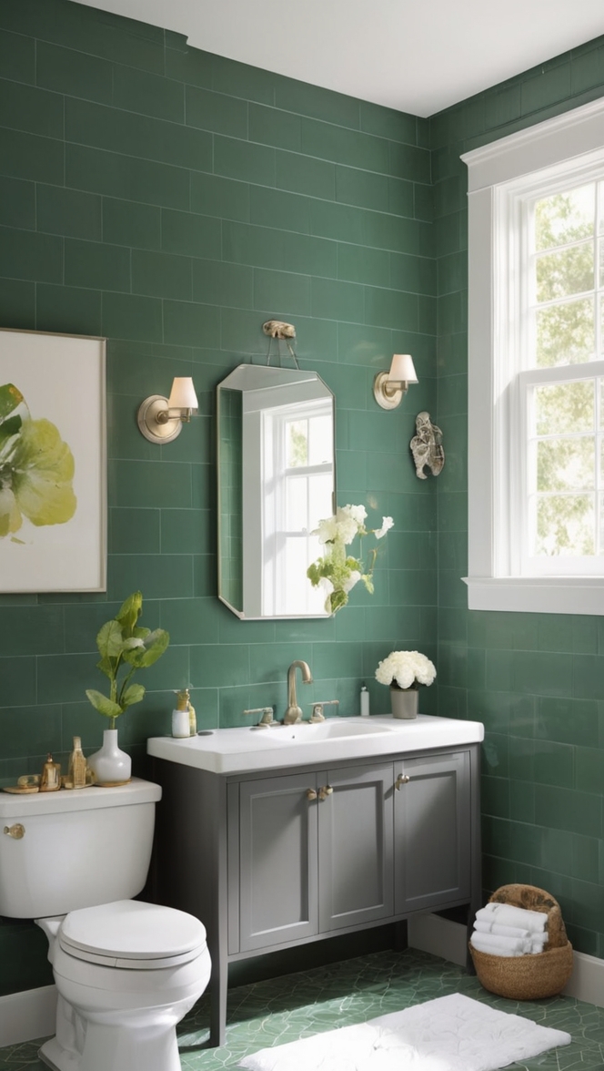green bathroom tiles, dark green tiles, bathroom tiles, green tiles, dark green bathroom