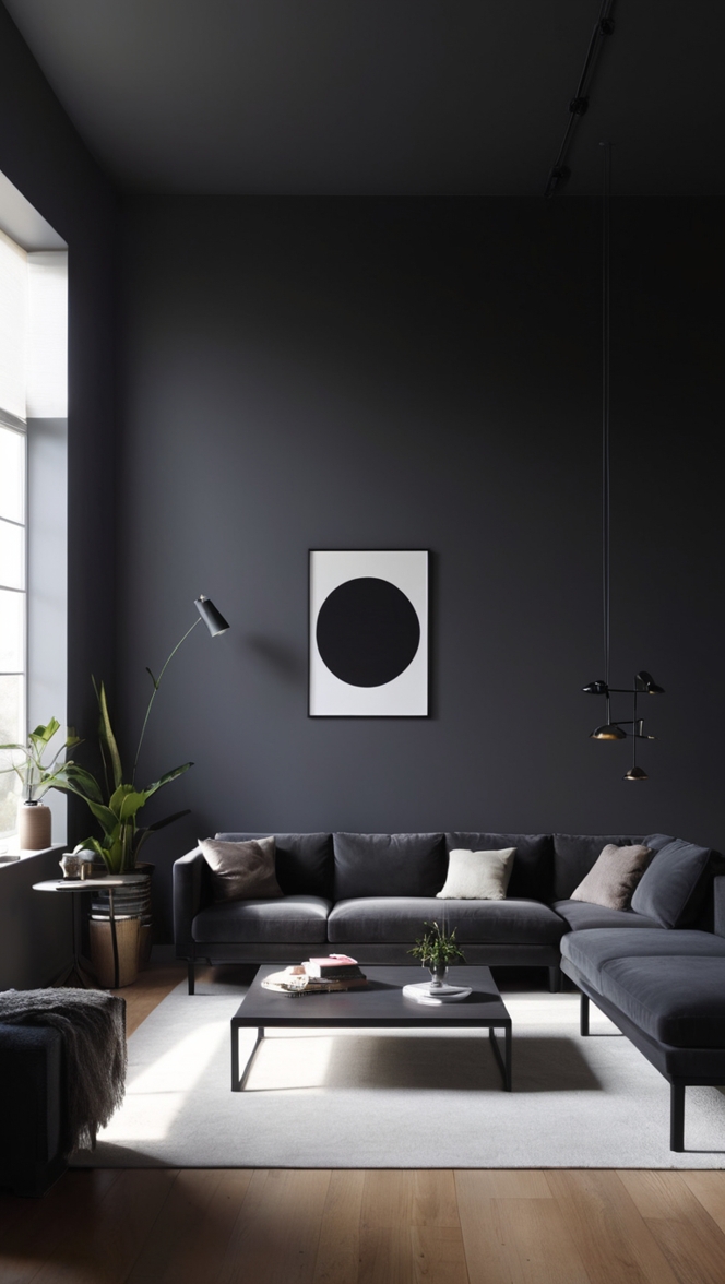 dark living room decor, elegant minimalist living room, modern black living room, chic contemporary living room, stylish monochrome living room