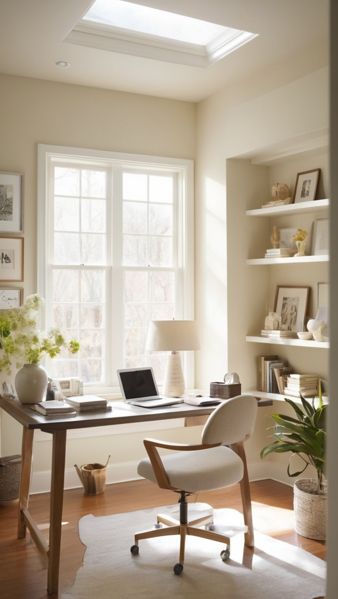 neutral office decor, home office design, modern home office, minimalist office space, cozy workspace