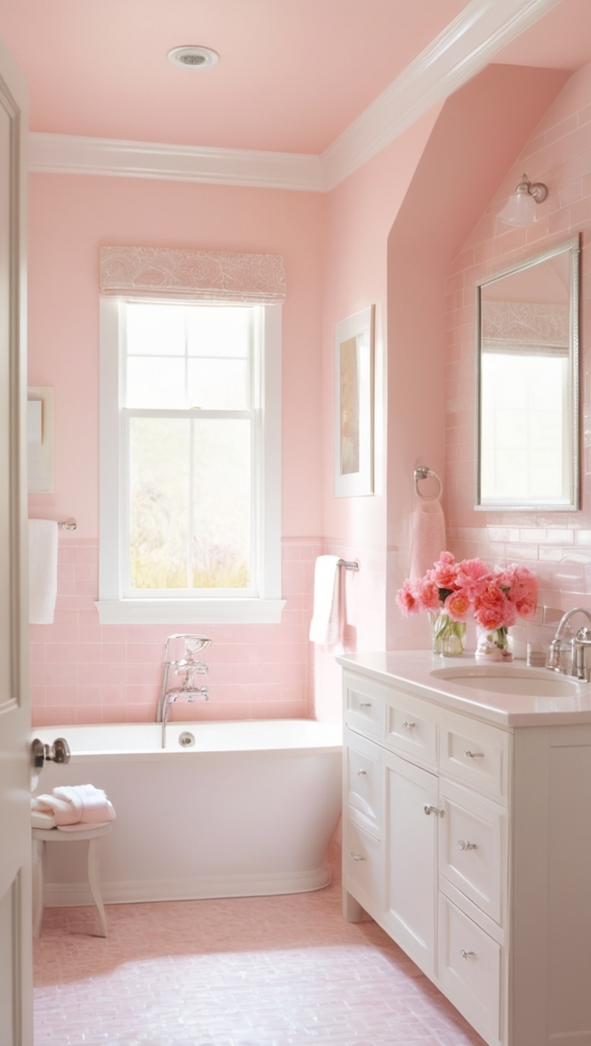 bathroom renovation, pink backsplash, tile installation, luxury tiles, bathroom design
