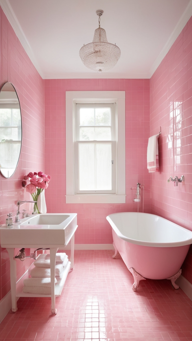 bathroom renovation, pink backsplash, tile installation, luxury tiles, bathroom design