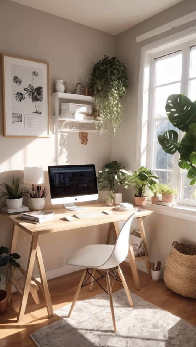 work from home setup, home office design, comfortable remote workspace, cozy telecommuting area, productive work-at-home environment