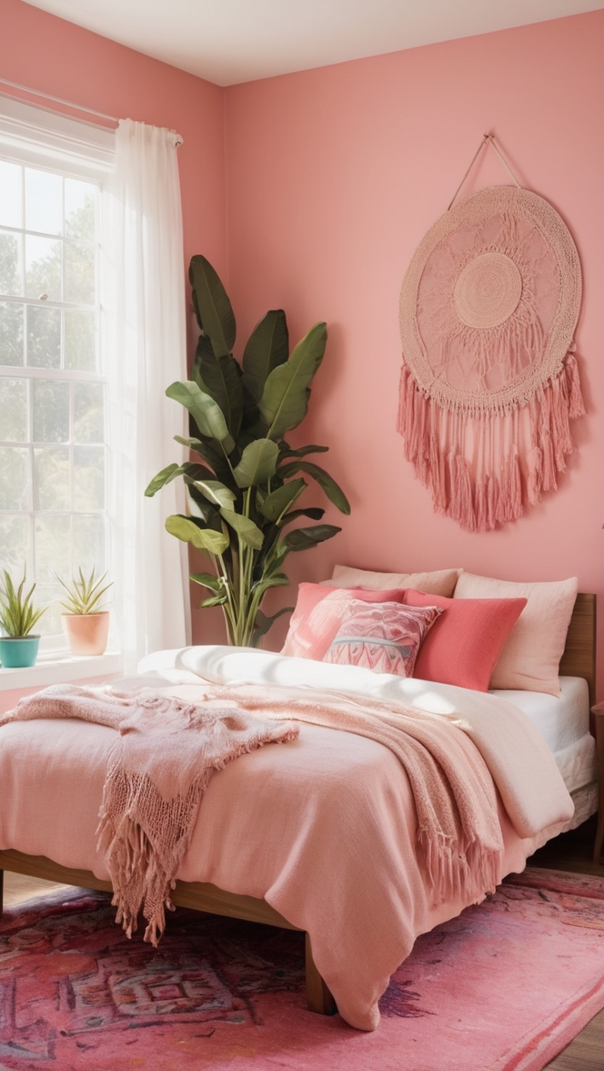 boho chic decor, bohemian bedroom design, pink bedroom ideas, gypsy style bedding, eclectic decor