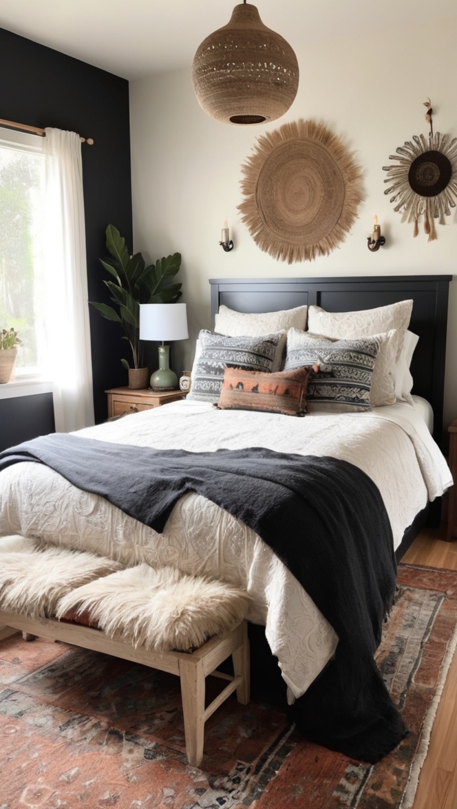 boho bedroom decor, bohemian bedroom furniture, black bohemian bedding, boho style bedroom, modern boho bedroom