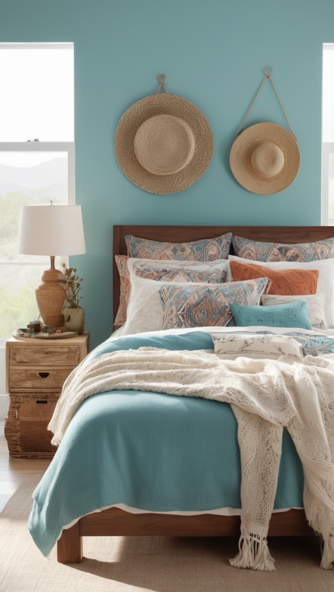 boho chic bedroom decor, boho style bedding, boho bedroom furniture, blue bohemian room, trendy boho wall art