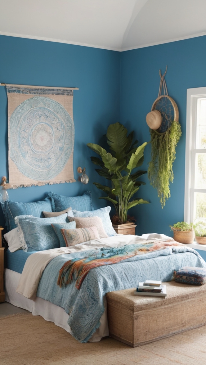 boho chic bedroom decor, boho style bedding, boho bedroom furniture, blue bohemian room, trendy boho wall art