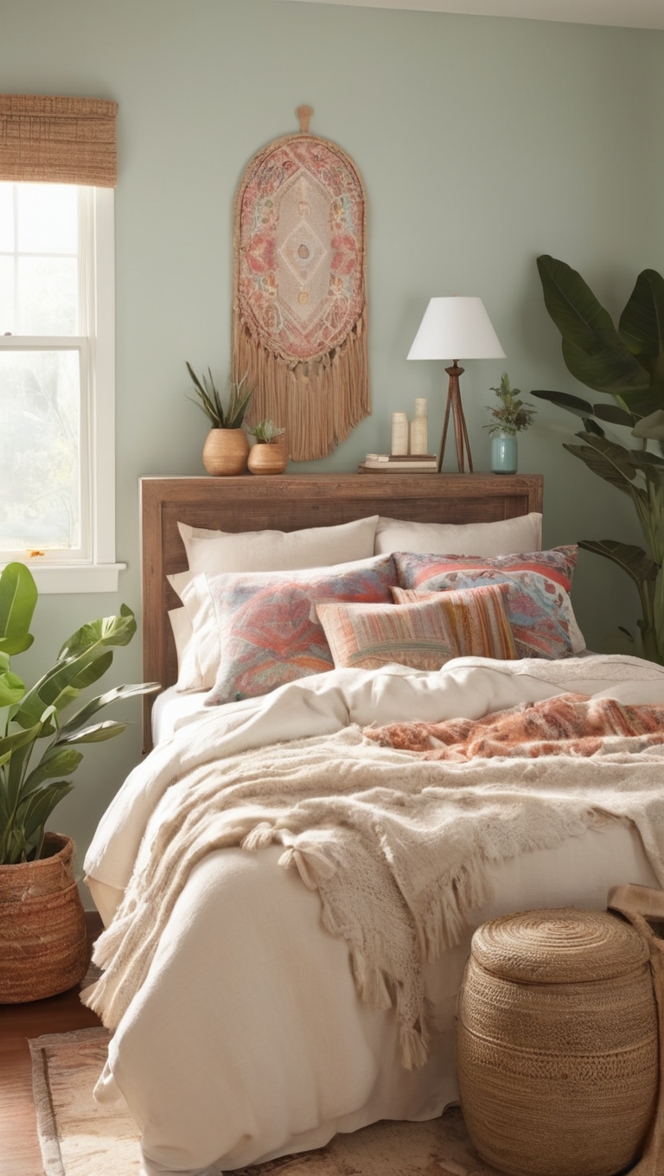 bohemian bedroom decor, boho style bedding, eclectic bedroom furniture, modern boho interior, rustic boho bedroom