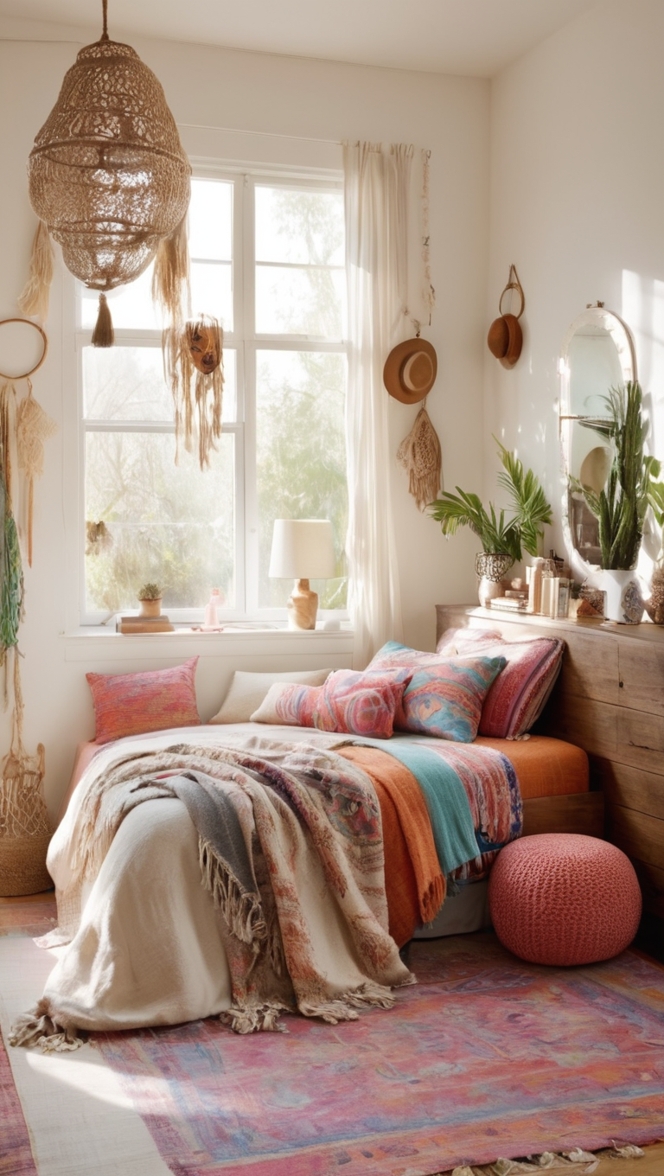 bohemian bedroom decor, boho style bedding, eclectic bedroom furniture, modern boho interior, rustic boho bedroom