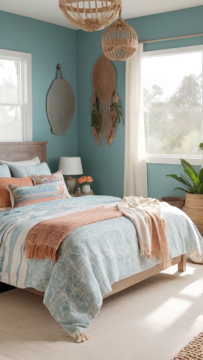 boho chic decor, coastal bedroom design, beachy boho interior, modern coastal style, bohemian coastal retreat