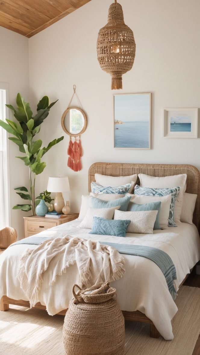 boho chic decor, coastal bedroom design, beachy boho interior, modern coastal style, bohemian coastal retreat