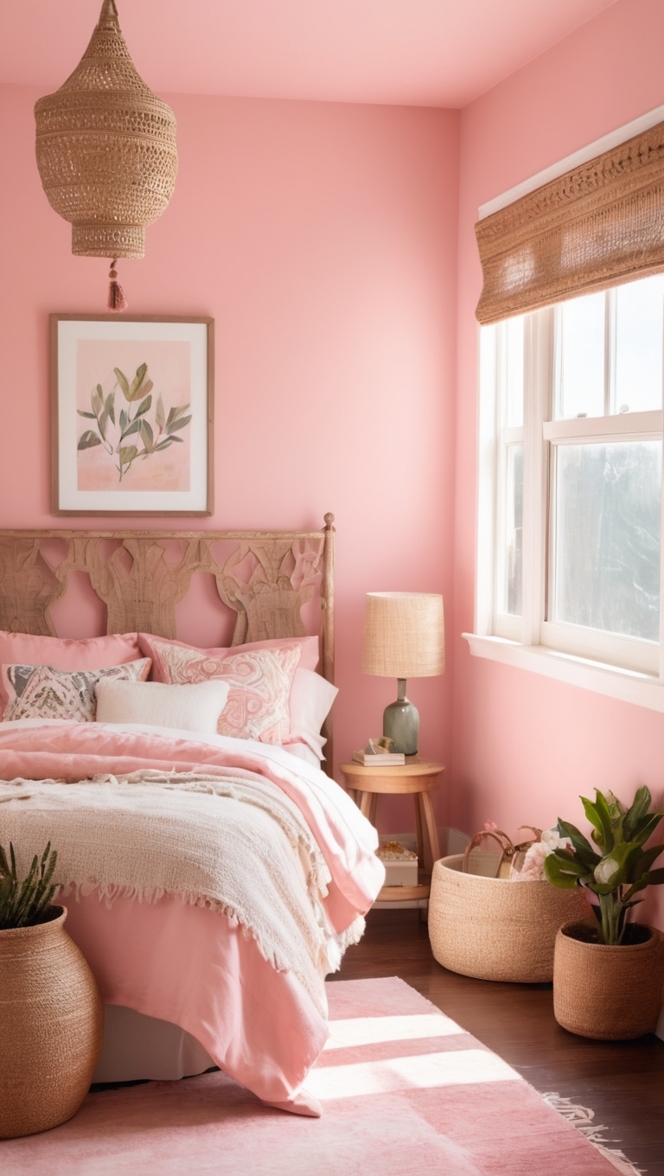 boho chic decor, boho style bedding, boho bedroom furniture, pink bohemian rug, boho wall tapestry