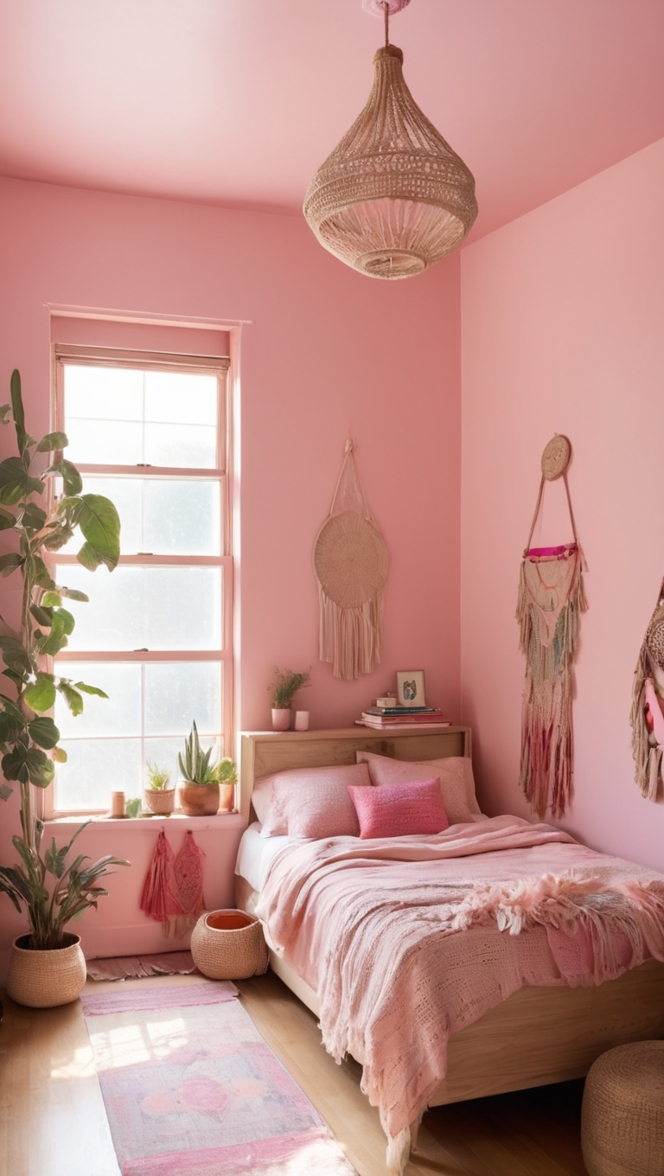 boho chic decor, boho style bedding, boho bedroom furniture, pink bohemian rug, boho wall tapestry