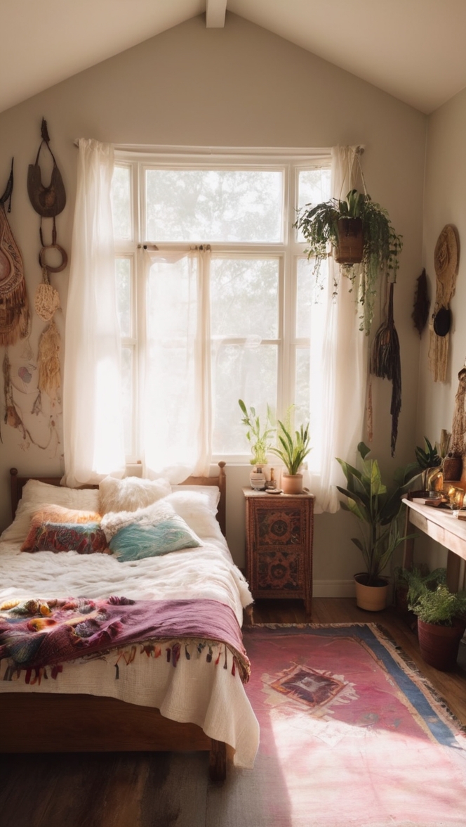 boho bedroom decor, boho chic bedding, witchy home decor, mystical bedroom, eclectic bedroom design