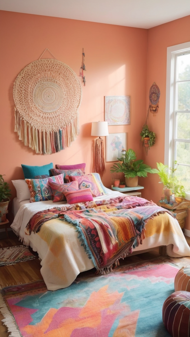 bohemian bedroom decor, boho chic room ideas, hippie bedroom design, vibrant boho bedding, eclectic bedroom interior