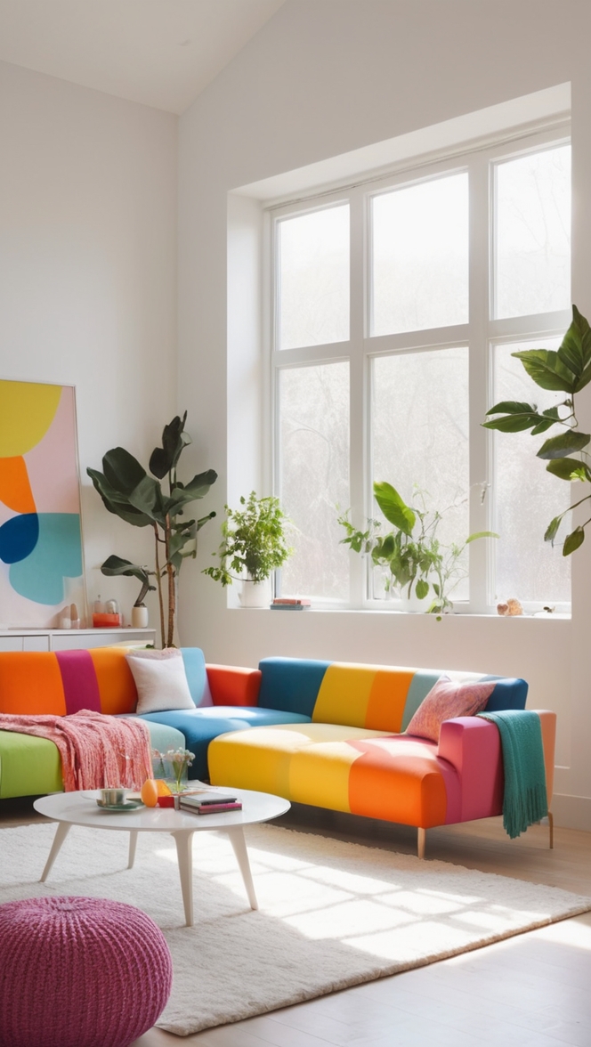 colorful decor ideas, minimalist home design, modern living room decor, vibrant interior design, chic home accessories