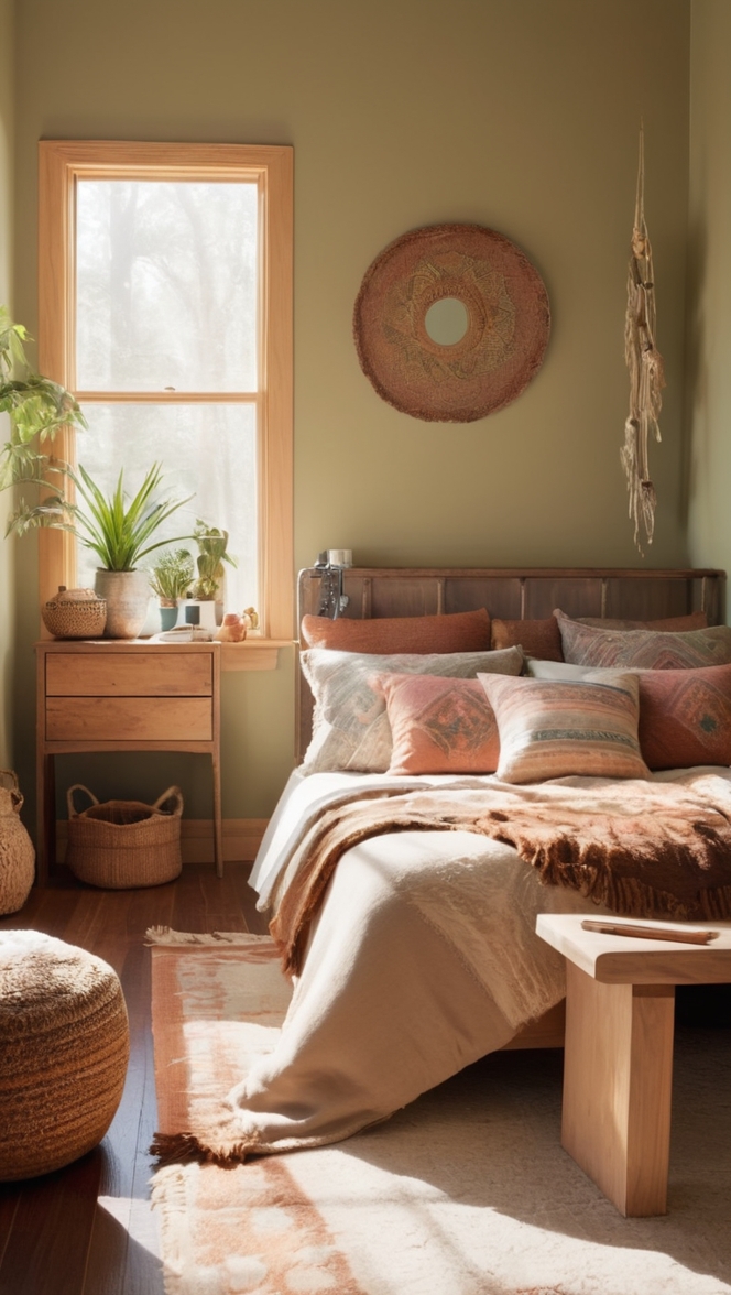 boho chic bedroom decor, earthy bedroom design, cozy boho bedroom ideas, natural bedroom inspiration, rustic boho bedroom style