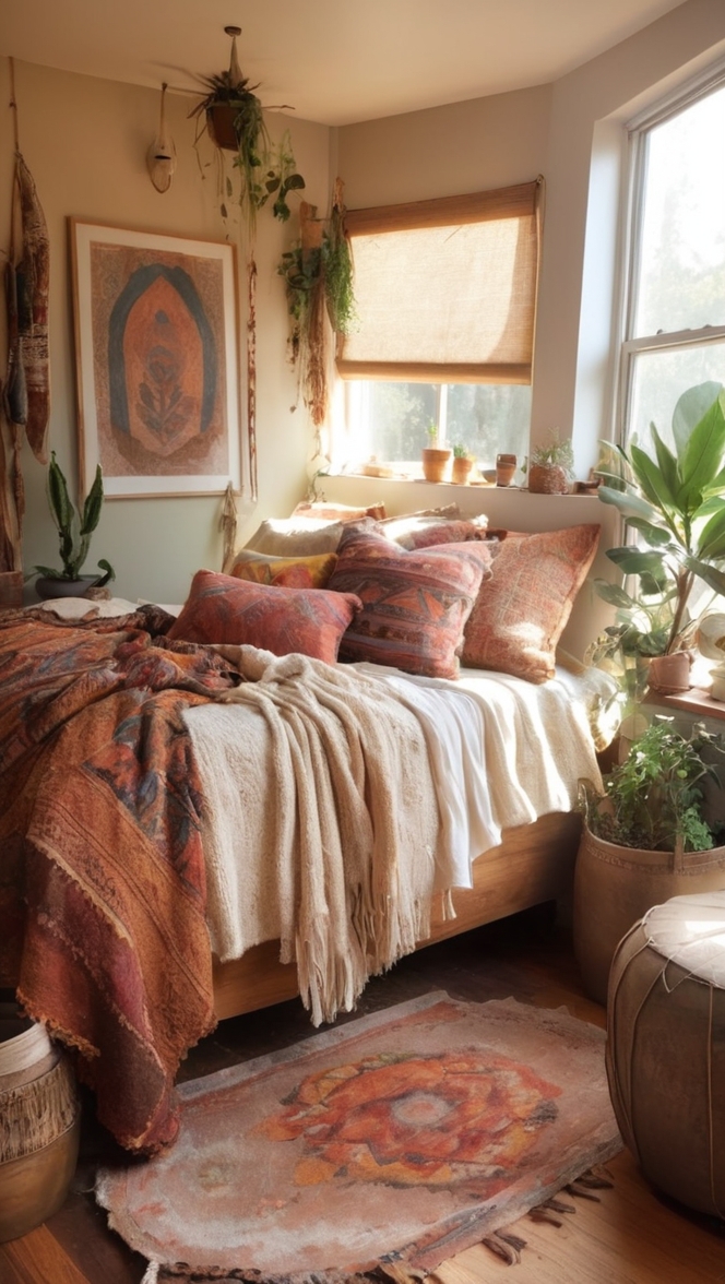 boho chic bedroom decor, earthy bedroom design, cozy boho bedroom ideas, natural bedroom inspiration, rustic boho bedroom style