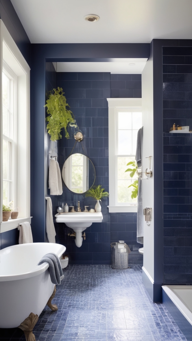 dark blue floor tiles, navy blue shower tiles, midnight blue wall tiles, indigo bathroom tiles, royal blue ceramic tiles