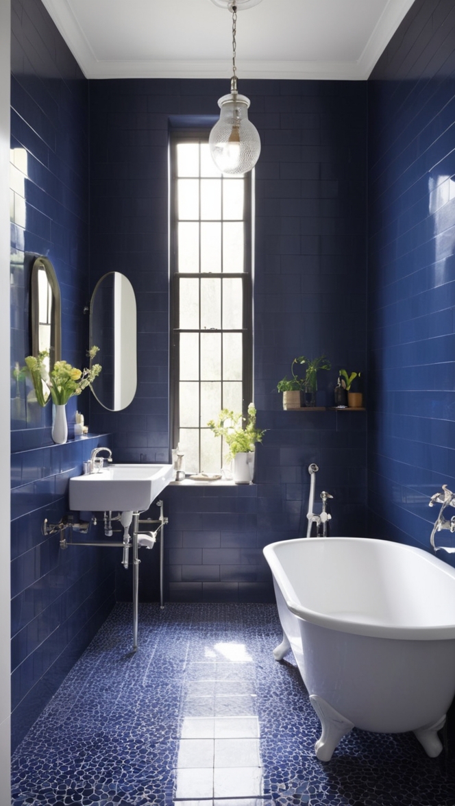 dark blue floor tiles, navy blue shower tiles, midnight blue wall tiles, indigo bathroom tiles, royal blue ceramic tiles