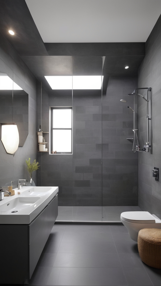 dark grey bathroom tiles, charcoal black tiles, slate bathroom tiles, grey stone tiles, anthracite tiles