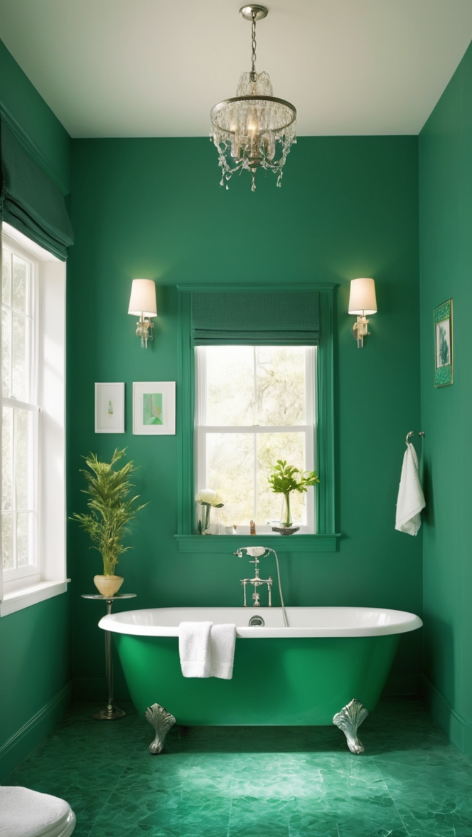 emerald green vanity, green bathroom tiles, emerald green fixtures, bold green bath, luxurious green design