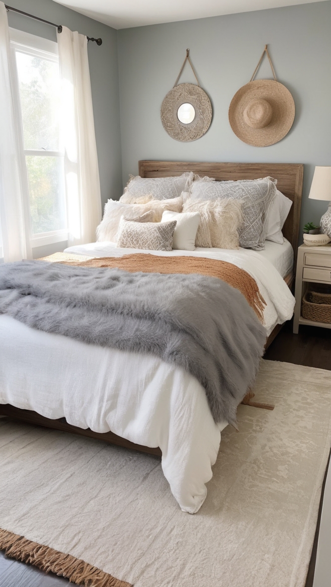 bohemian bedroom decor, boho chic style, gray bedroom design, bohemian bedding, boho furniture