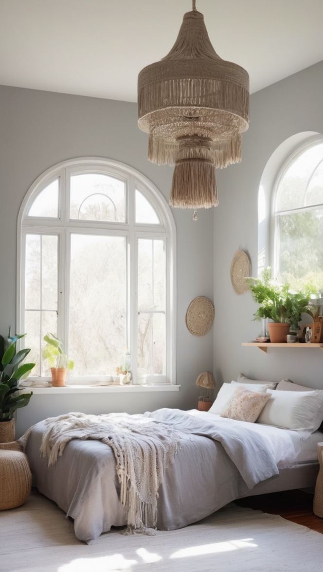 bohemian bedroom decor, boho chic style, gray bedroom design, bohemian bedding, boho furniture