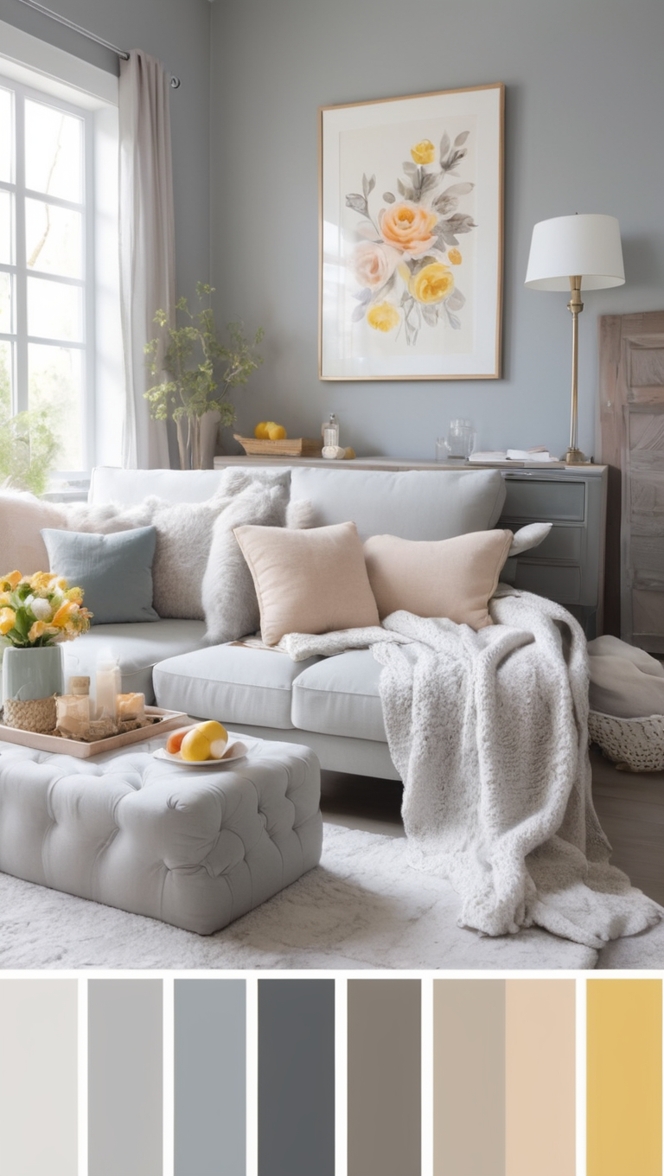 greyscale paint, grey home decor, neutral grey tones, grey living room, monochrome design