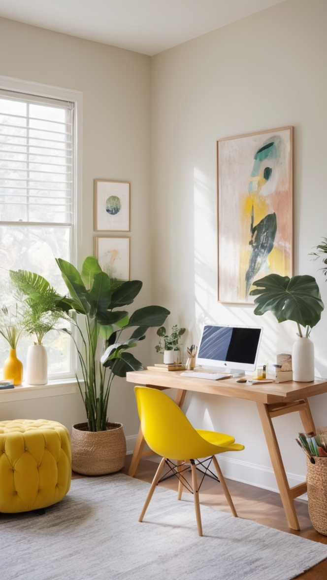 home office design, comfortable workspace, work-from-home setup, cozy office space, productive home office